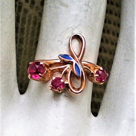 Vintage Russian Russia 14K 583 Rose Pink Gold Ruby Cluster Enamel Flower Ring - Picture 1 of 7